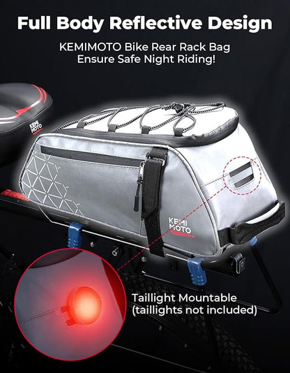 KEMIMOTO Rear Bike Rack Bag, 8L Full Reflective PVC Water Resistant Bicycle Trunk for Road and Mountain Bikes, Ebike Rack Bag with Side Pockets for Cycling Travel Commute