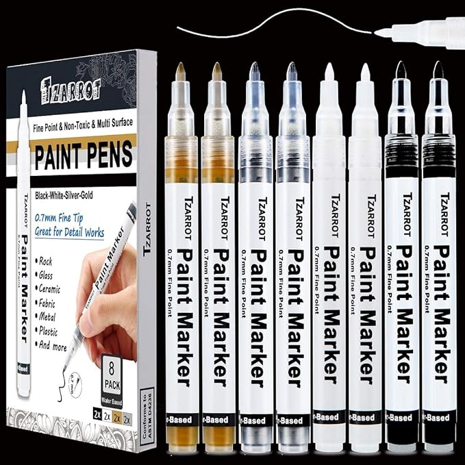 TZARROT White Paint Pen, 8 Pack 0.7mm Acrylic Paint Pens with 2 White 2 Black 2 Gold 2 Silver Permanent Marker for Wood Rock Fabric Metal Plastic Ceramic Acrylic Markers Extra Fine Tip