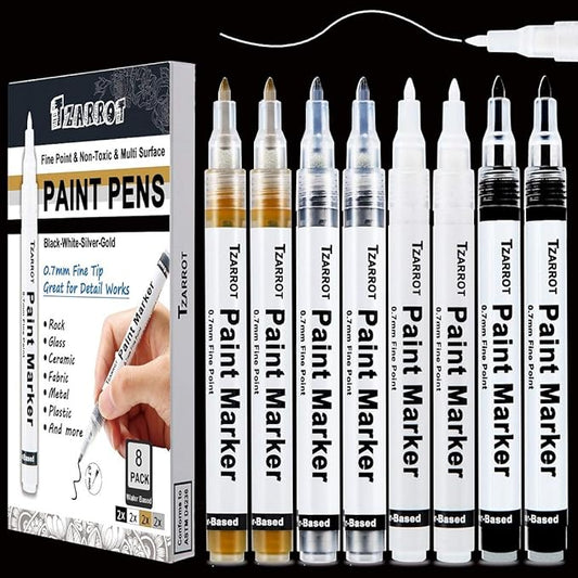TZARROT White Paint Pen, 8 Pack 0.7mm Acrylic Paint Pens with 2 White 2 Black 2 Gold 2 Silver Permanent Marker for Wood Rock Fabric Metal Plastic Ceramic Acrylic Markers Extra Fine Tip