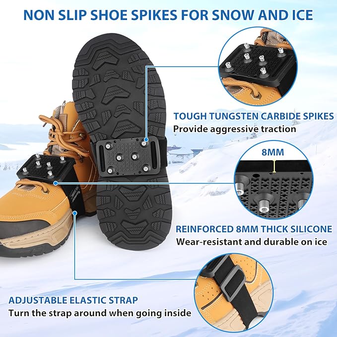 SYOURSELF Ice Cleats Crampons for Shoes and Boots, Rotatable Mid-Sole Traction Cleats Shoe Spikes for Snow and Ice, Non Slip Tungsten Spikes Ice Shoes Grippers for Men Women Winter Indoor/Outdoor