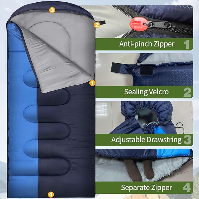 XL 10 Degree Sleeping Bags Waterproof for Adults 350GSM Machine Washable with Compression Sack for 3-4 Season Camping Outdoor