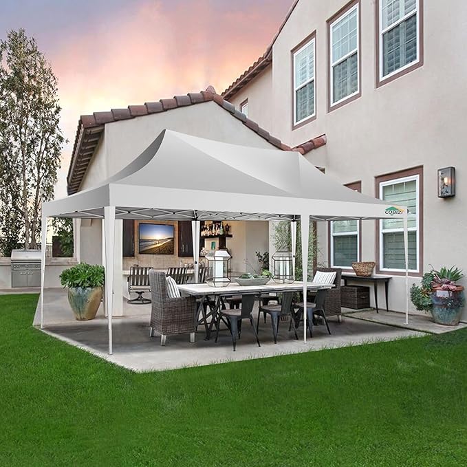 COBIZI 10x20 Pop Up Canopy Tent with Sidewalls,Party Tent Outdoor Gazebos, Waterproof & UV50+,3 Adjustable Heights,Higher Frame Design - Extra Tall for Parties Backyard,Weddings,Markets, White