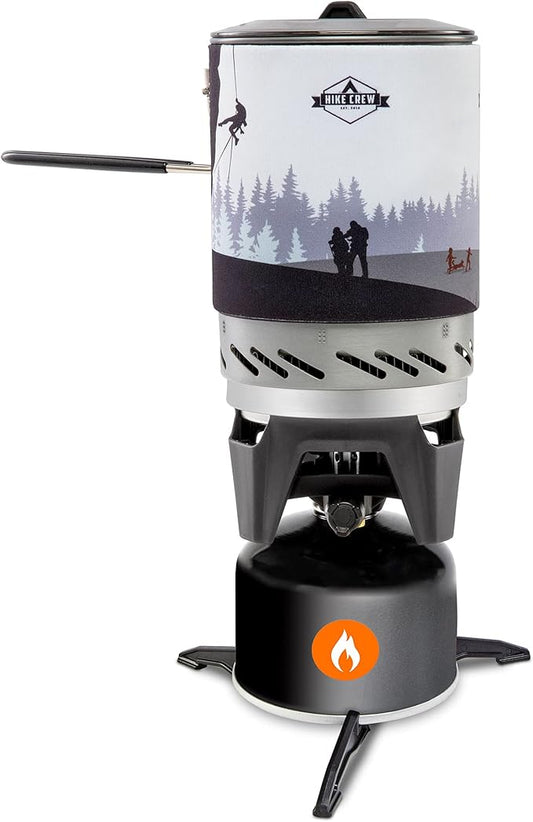HikeCrew Portable Gas Powered Stove top & Cooking System, Compact Camping Cooktop with 1L Pot, Silicone Lid, Folding Handle & Carry Bag, Perfect for Camping, Hiking, Backpacking, Survival & Emergenc