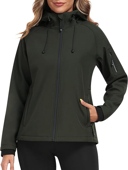 MoFiz Women's Fleece Lined Softshell Jacket Hooded Windproof Lightweight Insulated Jacket Full Zip Warm Coat
