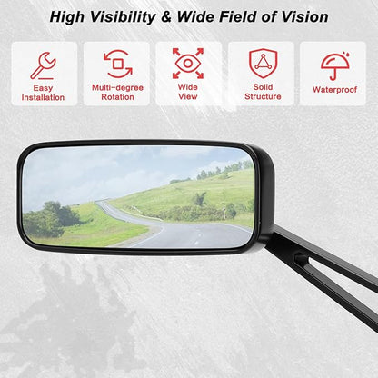 Motorcycle Rectangle Rearview Mirror 8mm 10mm Blue Lens Side Mirrors 360 Degree Black Universal Replacement for Harley Softail Touring Sportster Cruiser Street Bike Scooter Chopper