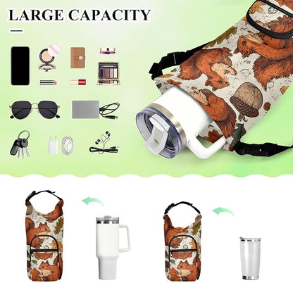 Brown Squirrels Acorns Leaves Mushrooms Water Bottle Holder with Strap Insulated Water Bottle Carrier Crossbody Bags Pouch with Phone Pocket for Travel Gym Hiking Walking Running