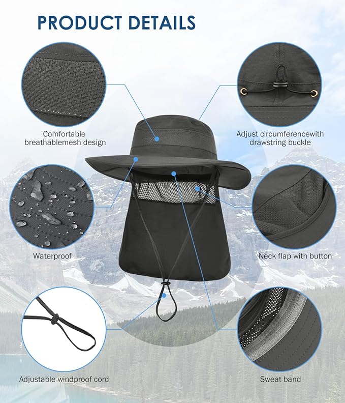 Men&Women Foldable Outdoor Sun Hat with Packable Neck Flap, UV Sun Protection Wide Brim Safari Cap