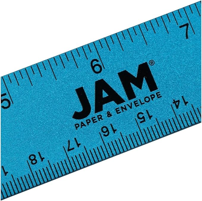 JAM PAPER Strong Aluminum Ruler - 12 Inch - Metal Ruler with Non-Skid Cork Backing - Blue Metallic - Sold Individually