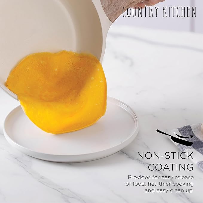 Country Kitchen Pots and Pans Set Nonstick, Cast Aluminum Kitchen Cookware Set with Utensils, 14 Pcs Non Stick Cooking Set w/Frying Pans & Saucepans, Cream