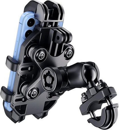 Motorcycle Phone Mount Holder with Vibration Dampener Anti-Shake 720° Adjustable for iPhone 16 Pro Max for Samsung 5.4''-6.9'' Phone Anti-Theft Dirt Bikes(U Shape Base 0.6-1.1" Handlebar)