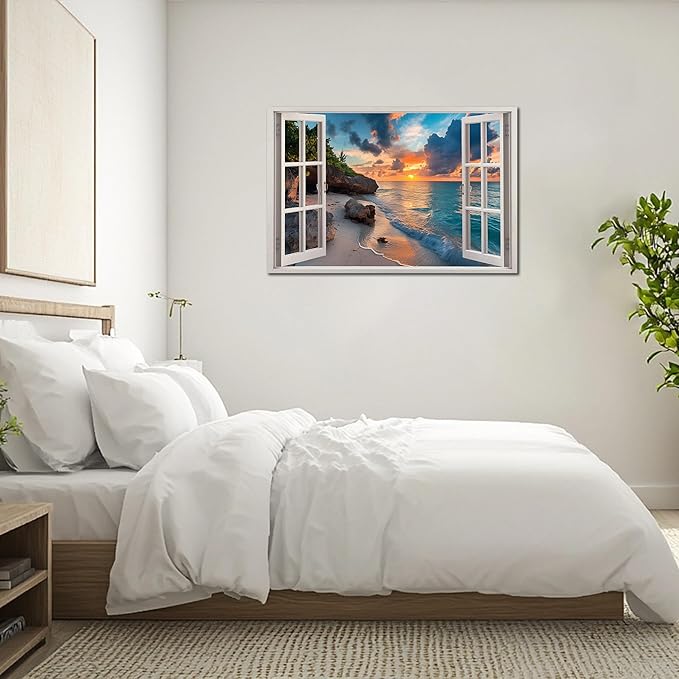 ANRUOXI Beach Window Canvas Wall Art, Enclosed Bedroom Living Room Ocean Coastal Channel Scene Picture, Tropical Sea Landscape Painting Print Artwork Horizontal Seascape Artwork for Bedroom 32x48 Inch