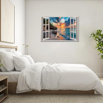 ANRUOXI Beach Window Canvas Wall Art, Enclosed Bedroom Living Room Ocean Coastal Channel Scene Picture, Tropical Sea Landscape Painting Print Artwork Horizontal Seascape Artwork for Bedroom 32x48 Inch