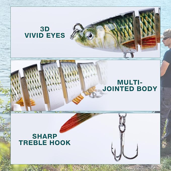 Goture Bass Fishing Lures, Lifelike Jointed Swimbait for Bass Trout Walleye Crappie Pike, Slow Sinking Segment Swimming Bait Fishing Lures for Freshwater and Saltwater, Gifts for Men