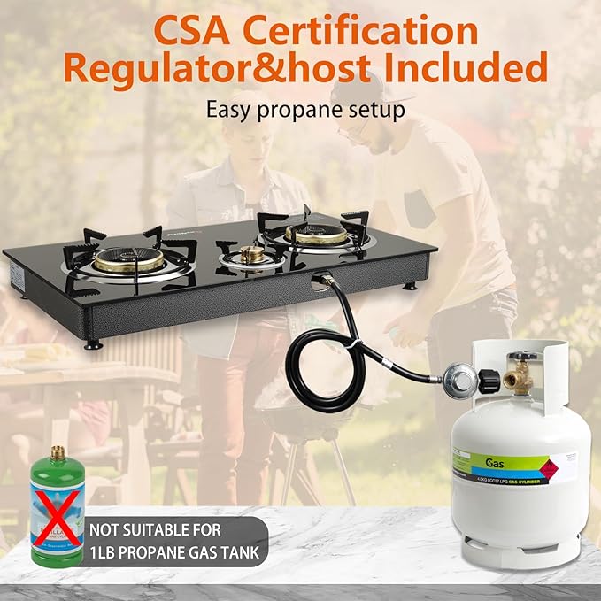 Propane Stove 2 Burner Gas Stove, 28800 BTU High-Efficiency Auto Ignition Tempered Glass LPG Cooktop with CSA Regulator and Hose – for Outdoor Camping, RV, and Emergency Cooking