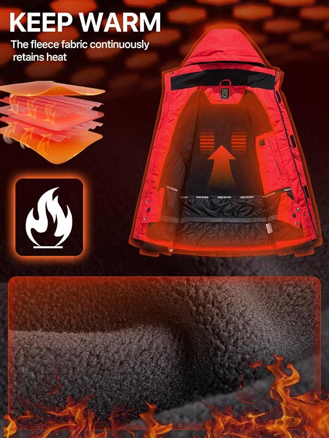 FREE SOLDIER Men's Waterproof Ski Jacket Fleece Lined Warm Winter Snow Coat with Hood Fully Taped Seams