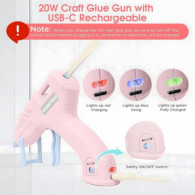Cordless Hot Glue Gun, 20W Glue Gun with 30 Glue Sticks, 90S Fast Preheating, 2600mAh USB-C Rechargeable Hot Melt Gun for DIY Crafts, Gift Making, Home Repairs & Decoration, Gift Making (Pink)
