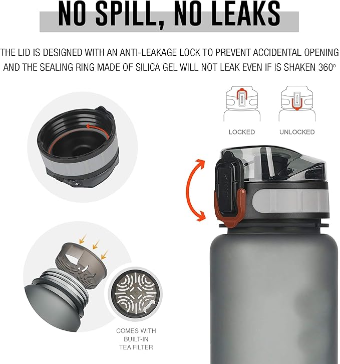 Tritan Sports Water Bottle with Magnetic Silicone Carry Strap & One Click Open Cap - Magnetic Drink Holder for Metal Equipment - Bottle w/Straps for Backpack, Belt & More (30oz, Onyx Black)