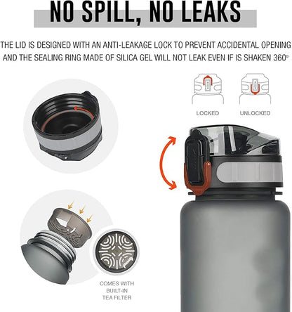 Tritan Sports Water Bottle with Magnetic Silicone Carry Strap & One Click Open Cap - Magnetic Drink Holder for Metal Equipment - Bottle w/Straps for Backpack, Belt & More (30oz, Onyx Black)