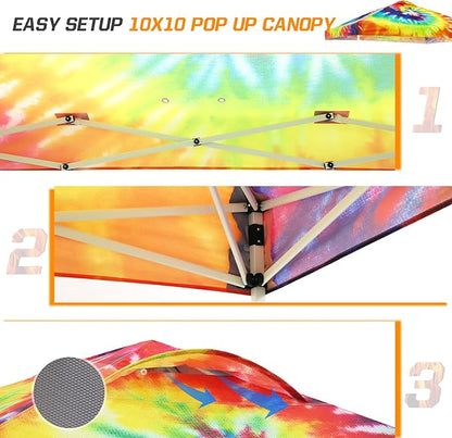 EAGLE PEAK Pop Up Canopy Tent with Wheeled Carry Bag, 8 Stakes, 4 Ropes, 4 Weight Bags, Easy Set Up Tent Canopy, 10x10 ft, 100sqft of Shade, Cosmic Tie Dye