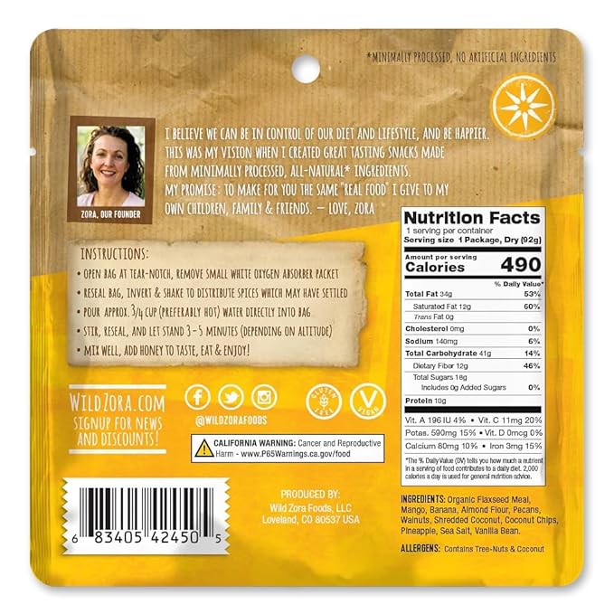 Wild Zora Paleo Freeze Dried Breakfast Meals, 6 Pack, Gluten Free Camping and Backpacking Food, No Added Sugar, Healthy On-the-Go Travel Meal, Coconut Berry, Cacao Banana, and Pineapple Mango Flavors