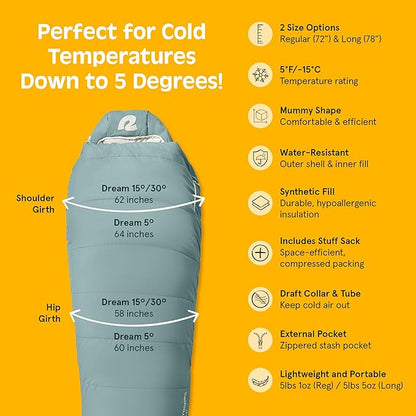 Retrospec Dream Sleeping Bag - 5, 15, 30 Mummy for Camping, Insulated Cold Weather, Lightweight Stuff Sack, Water-Resistant, Adjustable Draw Cords, Adult