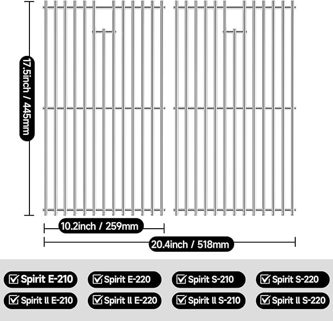 7637 17.5 Inch Stainless Steel Cooking Grates for Weber Spirit I & II 200 Series Spirit E210 Spirit E220 Spirit S210, Spirit S220 with Front Control Weber Spirit 200 Grill Grates