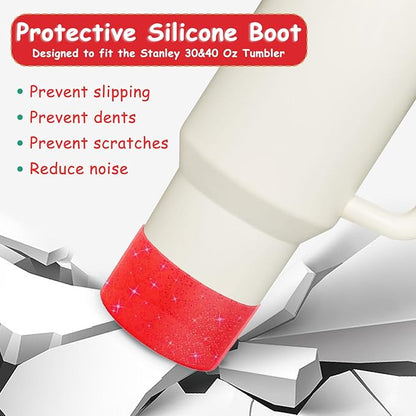 Christmas Stanley Cup Accessories Set,Including 2 Pcs 0.4in Christmas Straw Toppers, 8 Pcs 3D Stickers, 1 Pcs Handle Charm, 1 Silicone Boot Fits Stanley 40&30 Oz Tumbler (Glitter red)