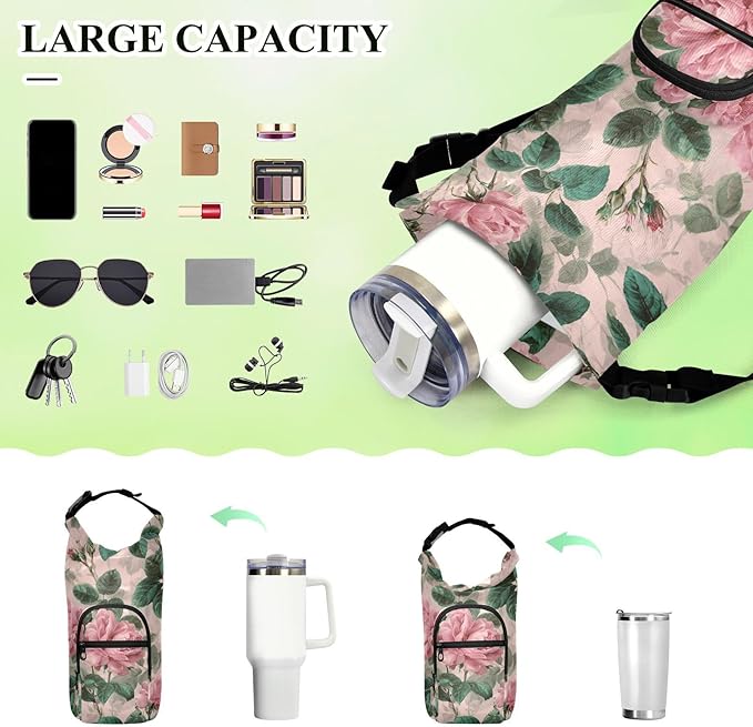 Pink Vintage Roses with Leaves Water Bottle Holder with Strap Insulated Water Bottle Carrier Crossbody Bags Pouch with Phone Pocket for Travel Gym Hiking Walking Running