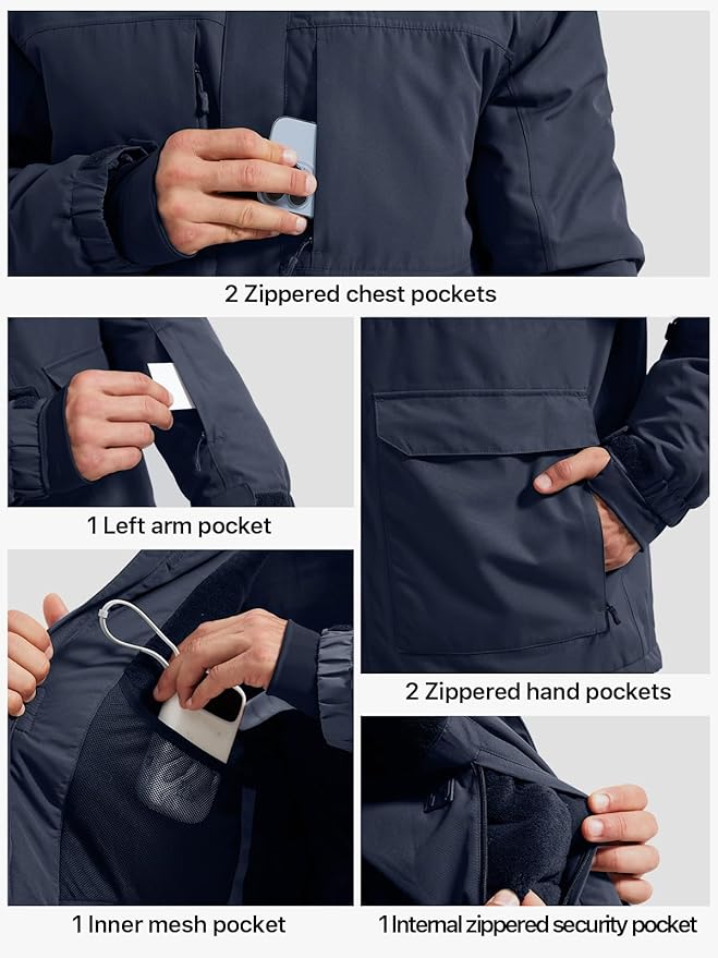 FREE SOLDIER Men's Waterproof Ski Jacket Fleece Lined Warm Winter Snow Coat with Hood Fully Taped Seams