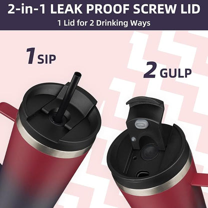 BJPKPK Insulated Tumbler with Handle, 22oz Insulated Tumblers with Lid and Straw, Stainless Steel Metal Water Bottles, Coffee Travel Mugs, Cups, Charming Red