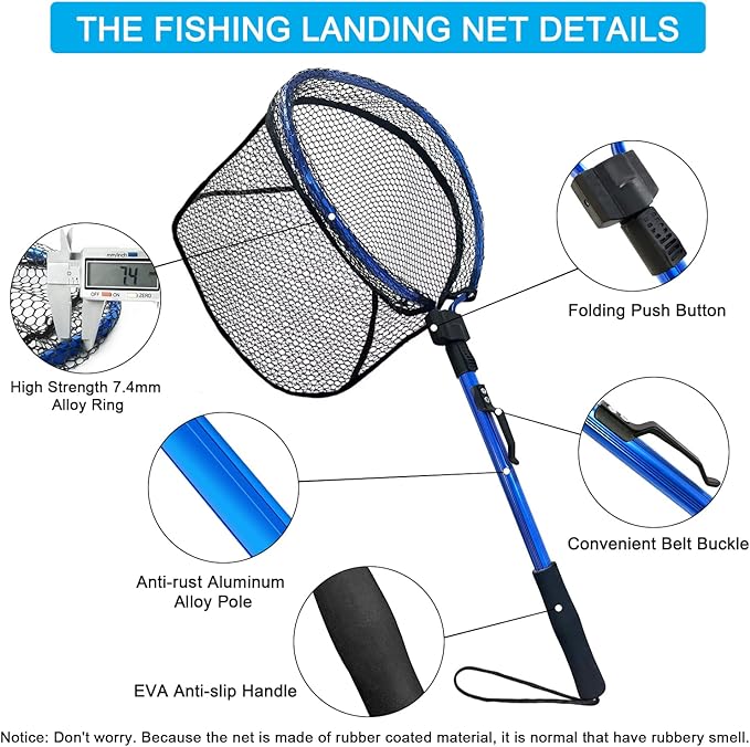 LBW Collapsible Fishing Net with Handle, Folding Kayak Net for Freshwater or Saltwater, Trout Catfish Bass Compact Rubber Landing Net