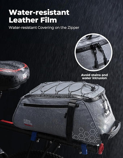 KEMIMOTO 11L Bike Bag for Bicycle Rear Rack, Fully Reflective 3-in-1 Carrying Style Bike Trunk Bag, Water-Resistant E-bike Saddle Pannier Bag with Shoulder Strap for Bike Backpack