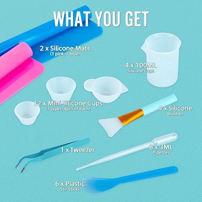 SWIGRANCE Epoxy Resin Mixing Tools Kit 36Pcs, Reusable Soft Silicone Tools, Includes A3 Non-Stick Silicone Mat, Measuring Cups, Dropper Pipettes, Stir Sticks, Brushes, Resin Casting DIY Jewelry Making