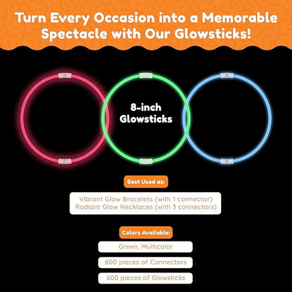 Glow Fever Glowsticks Bulk 1200pcs Party Pack includes 600 8" Glow Sticks and 600 connectors, Bracelets and Necklaces, DIY Costume , Light Sticks, for Concert, Wedding and Birthday, Multicolor