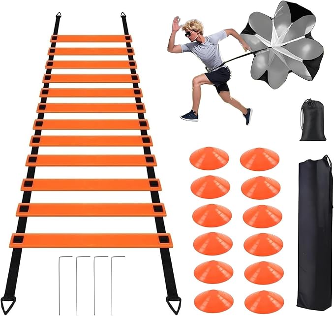 20 Pcs Agility Ladder Set,with 19FT Agility Ladder,Running Parachute,12 Soccer Cones for Basketball Football Soccer Boxing Sport Speed Training,