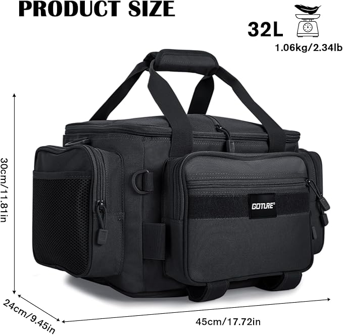 Goture Fishing Tackle Bag,Store Up to 4PCS 3700 Tackle Boxes(Not Included),600D Soft Side Water-Resistant Saltwater Gear Storage Fishing Bag with Rod Strap,Detachable Water Bottle Pouch,Gifts for Men