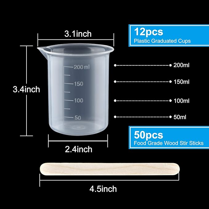 Coopay 12 Pack 200ml/6.8oz Plastic Beakers Epoxy Mixing Cups, Plastic Graduated Cups Clear Multipurpose Measuring Cups with 50 Pack Wooden Stirring Sticks for Resin, Epoxy, Stain, Mixing Paint