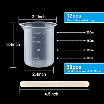 Coopay 12 Pack 200ml/6.8oz Plastic Beakers Epoxy Mixing Cups, Plastic Graduated Cups Clear Multipurpose Measuring Cups with 50 Pack Wooden Stirring Sticks for Resin, Epoxy, Stain, Mixing Paint