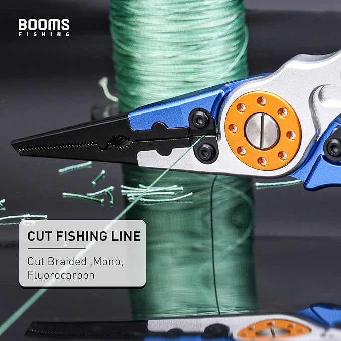 Booms Fishing X1 Aluminum Fishing Pliers Saltwater, Surf Fishing Tackle Kit, Fishing Multitool Hook Remover Braided Fishing Line Cutting and Split Ring with Coiled Lanyard and Sheath