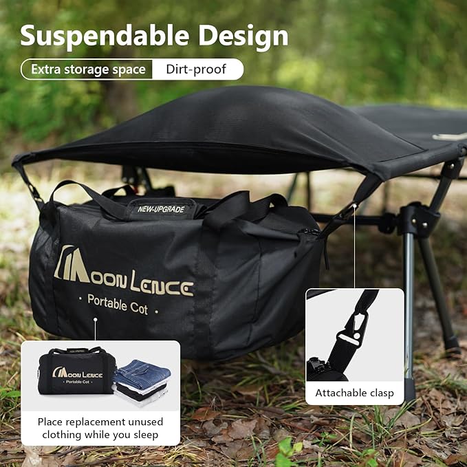 MOON LENCE Height Adjustable Camping Cot - Supports 330 lbs, Portable Folding Bed with Leg Extenders & Camping Pillow for Camping, Hiking, Sleeping, 1 Pack, Black