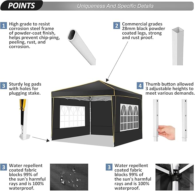 COBIZI 10x10 Pop Up Canopy with 4 Sidewalls, Easy up Canopy for Events, Sports, Beach, Party, Outdoor Party Canopies with 4 Weight Bags, Stakes x4, Ropes x4, Black