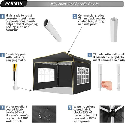 COBIZI 10x10 Pop Up Canopy with 4 Sidewalls, Easy up Canopy for Events, Sports, Beach, Party, Outdoor Party Canopies with 4 Weight Bags, Stakes x4, Ropes x4, Black