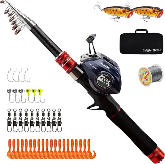 Telescopic Fishing Rod and Reel Combos, Carbon Fiber Fishing Rod with Stainless Steel Baitcasting Reel, Portable Fishing Pole Reel Combo for Travel Saltwater Freshwater Fishing Gifts for Men