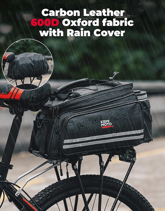 KEMIMOTO 20L Bike Bag Rear Rack with Waterproof Rain Cover, Carbon Leather Bike Trunk Bag Pannier Handbag for Bicycle, Ebike, Storage Cargo Mountain Road Bike Commuter