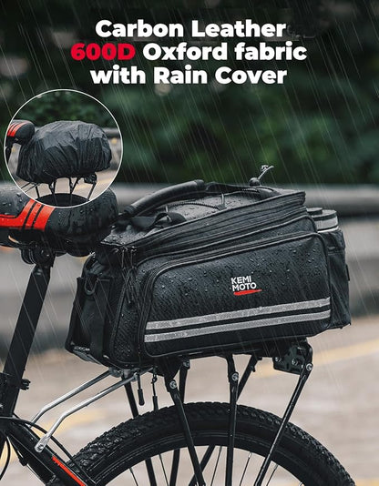 KEMIMOTO 20L Bike Bag Rear Rack with Waterproof Rain Cover, Carbon Leather Bike Trunk Bag Pannier Handbag for Bicycle, Ebike, Storage Cargo Mountain Road Bike Commuter