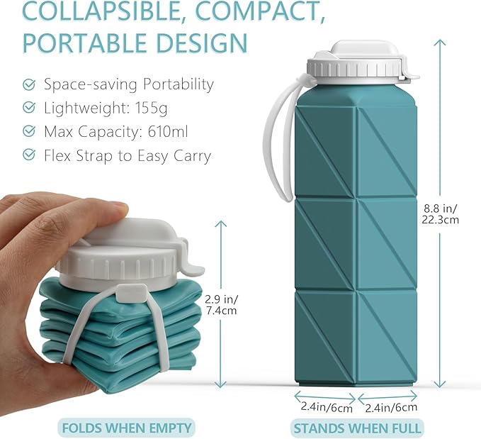 Collapsible Water Bottles with Straw 20.6oz, Silicone Foldable Portable Water Bottle, BPA-Free, Leakproof Reusable for Travel Camping Hiking Cycling Yoga Sports, 1 Pack (Blue)