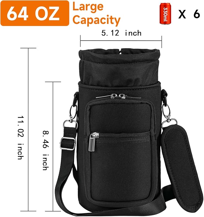 32/40/64/128 oz Neoprene Insulated Water Bottle Carrier Bag, Sling Bag Sleeve Pouch Holder with Strap & Paracord Handle and 2 Pocket for Travelling, Hiking, Camping