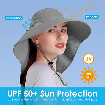Womens Sun Hat UV Protection, Foldable Waterproof Wide Brim Bucket Hats with Neck Flap for Summer Beach Fishing Hiking