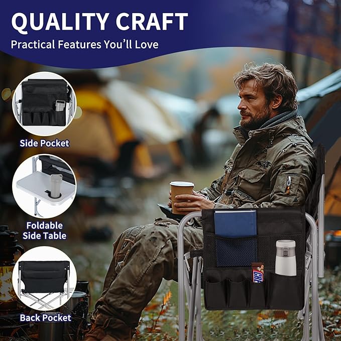 Slsy Heated Camping Chair Heats Back and Seat, Heated Portable Camp Chair with 3 Heat Levels, Heavy Duty Heated Director Chair for Lawn, Outdoor, Picnic, Lounge Patio