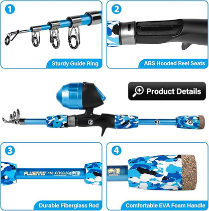 PLUSINNO Kids Fishing Pole with Spincast Reel Telescopic Fishing Rod Combo Full Kits for Boys, Girls, and Adults